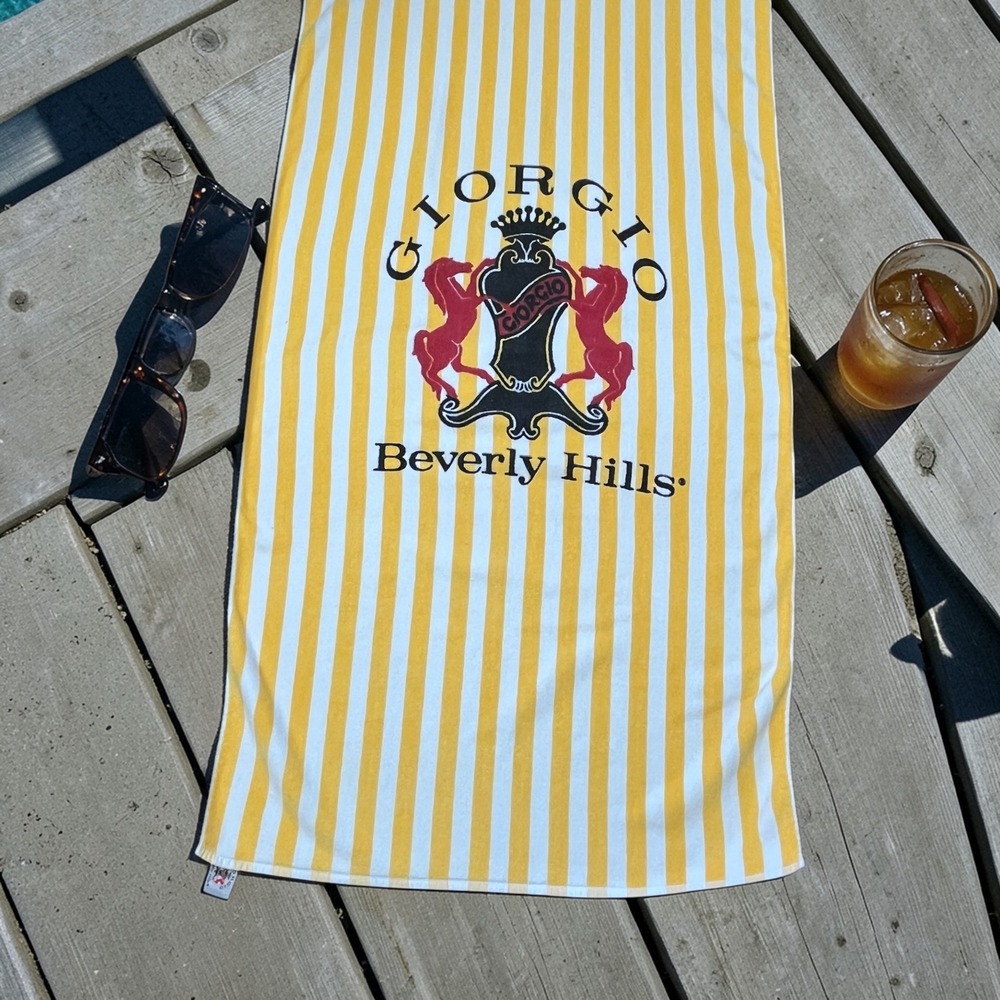 Vintage 80s Giorgio Beverly Hills Yellow White Striped Beach Towel Portugal